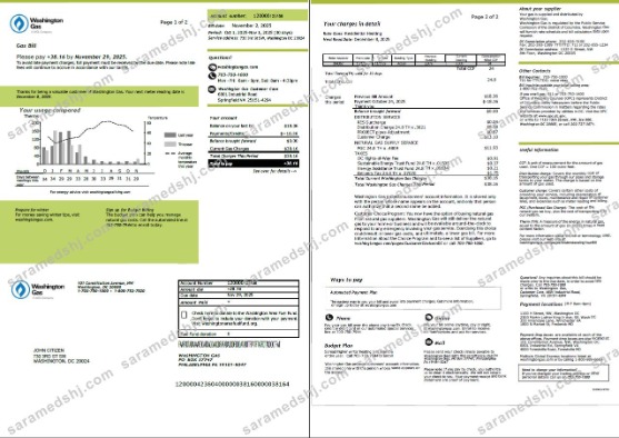 USA Washington Gas utility bill template in Word and PDF formats, 2 pages